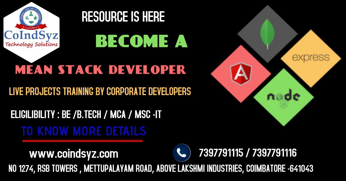 coindsyz's tweet image. Need immediate joiner
Position. : Meanstack Developer
Training in Live projects by Developers
Book your appointment for your Interview due to covid-19
Location : Coimbatore
#meanstackdevelopers
#coindsyztechnologysolutions
#coindsyz