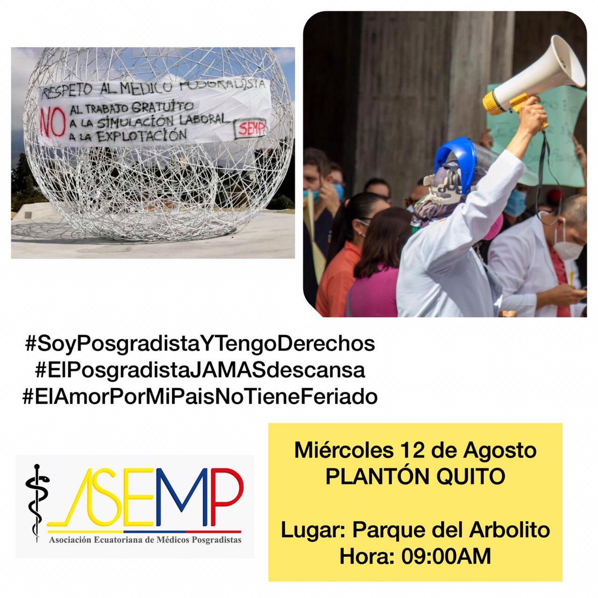 uniprou_ec's tweet photo. #Atención
Compartimos convocatoria de la #ASEMP a un plantón en diferentes ciudades para exigir el cumplimiento de sus derechos.
Nos solidarizamos con las y los médicos postgradistas que en medio de una crisis sin precedentes brindan todo su esfuerzo..
#ContigoSomosFEUE https://t.co/ADFGV0CXlE