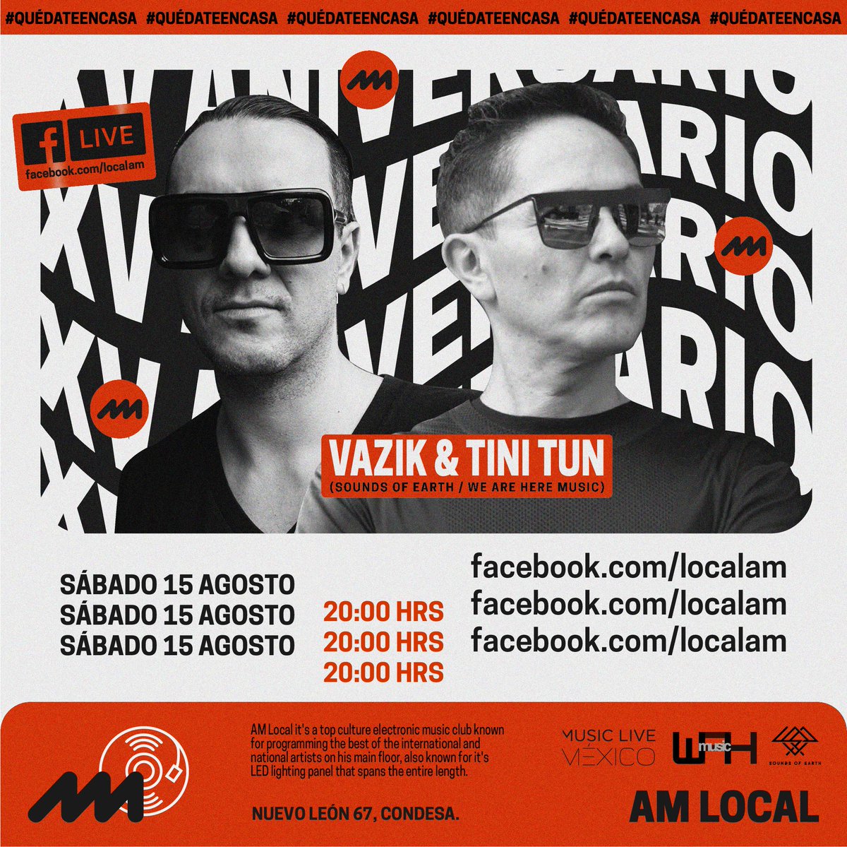 Este Sábado bailamos al son de Vazik &amp; TiNi TuN en nuestro 3er LIVESTREAM de XV Aniversario ¡Conéctate en punto de las 20:00 hrs! 🎶💥👁‍🗨🔥🎧

𝖢𝗅𝗎𝖻𝖻𝗂𝗇𝗀 𝖼𝗎𝗅𝗍𝗎𝗋𝖾.
#AMLocal #Clubbing