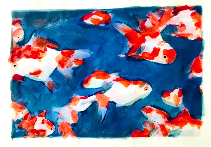 金魚は江戸時代の「魔除け」。赤い金魚は災厄、天然痘除けの護符として愛され、浮世絵にたくさん描かれた…、ということで今日の1枚は、涼しげな金魚画。 