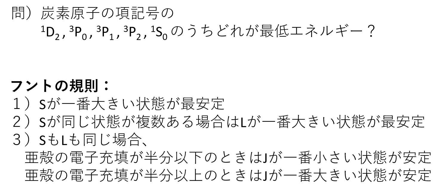 分光分析化学研究室 九州大学 185 さて 無事に項記号がわかったわけですが 最後にどの電子状態が最もエネルギーが低くなるか判断します 図のほうに記した フントの規則 という経験則を元に決められることが多いです あくまで経験則ではあるのです 分光分析化学研究室 九州大学 185 さて 無事に項記号がわかったわけですが 最後にどの電子状態が最もエネルギーが低くなるか判断します 図のほうに記した フントの規則 という経験則を元に決められることが多いです あくまで経験則ではあるのです