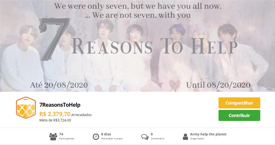 ARMY_HTP's tweet photo. FALTAM APENAS 8 DIAS para o encerramento da campanha #7reasonstohelp. 7 Instituições brasileiras estão participando. Se batermos a meta TODAS serão beneficiadas. Caso contrário será feito um SORTEIO entre as 7 instituições. 
Confira:
https://t.co/dt10o1iiLg https://t.co/nhXIUXmVyC