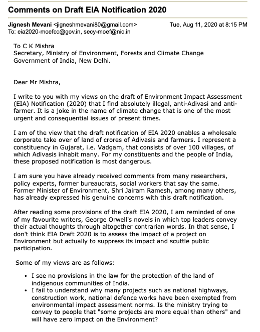 jigneshmevani80's tweet photo. Draft EIA 2020 will enable a wholesale corporate takeover of land of India's most vulnerable groups -- Adivasis and farmers! 

If this draft is not retracted, we will protest on the streets!

Making my comments to @moefcc public here. https://t.co/oxpfDpgv2l
