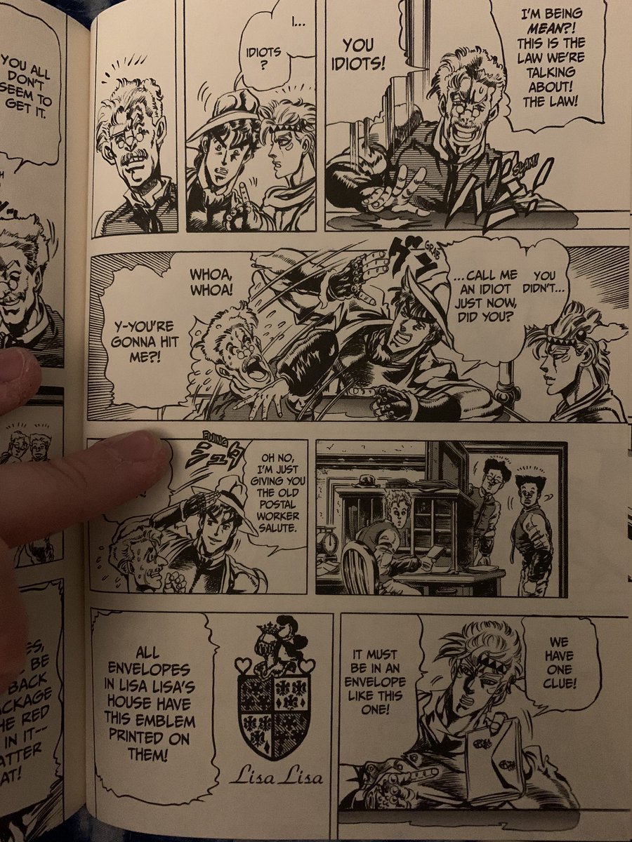 for those of you who havent read the manga, joseph and caesar go to the post office after defeating esidesi to demand they get the package with the stone of aja back. The worker there is refusing and joseph gets so fed up he literally just drop kicks a scale like a football https://t.co/WmkC50G4vO 