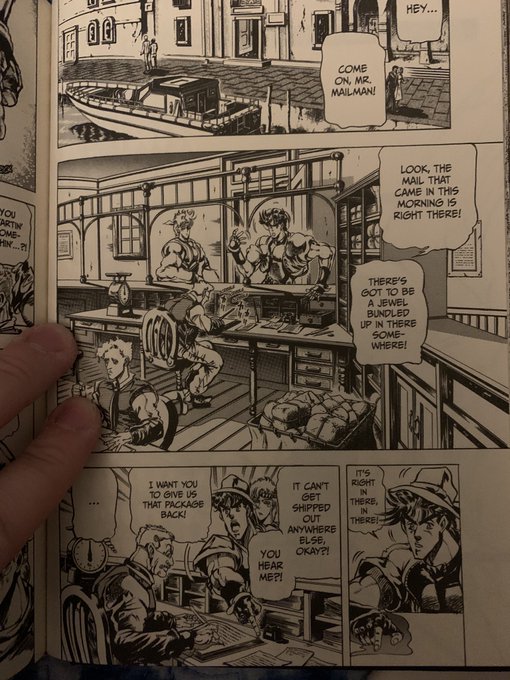 for those of you who havent read the manga, joseph and caesar go to the post office after defeating esidesi to demand they get the package with the stone of aja back. The worker there is refusing and joseph gets so fed up he literally just drop kicks a scale like a football https://t.co/WmkC50G4vO 