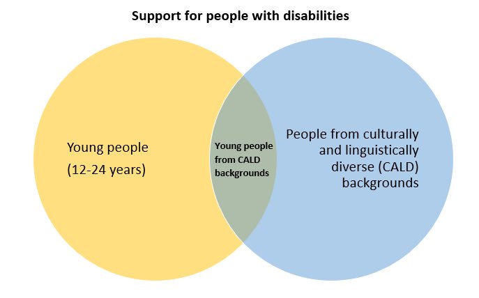 “Support for migrant/refugee youth with disability is a Venn diagram. Some characteristics of both aspects are not supported enough...There is a need for more targeted and tailored supports.” -National Disability Meeting (image is my own)  @MYANAustralia  @NEDA_PeakBody