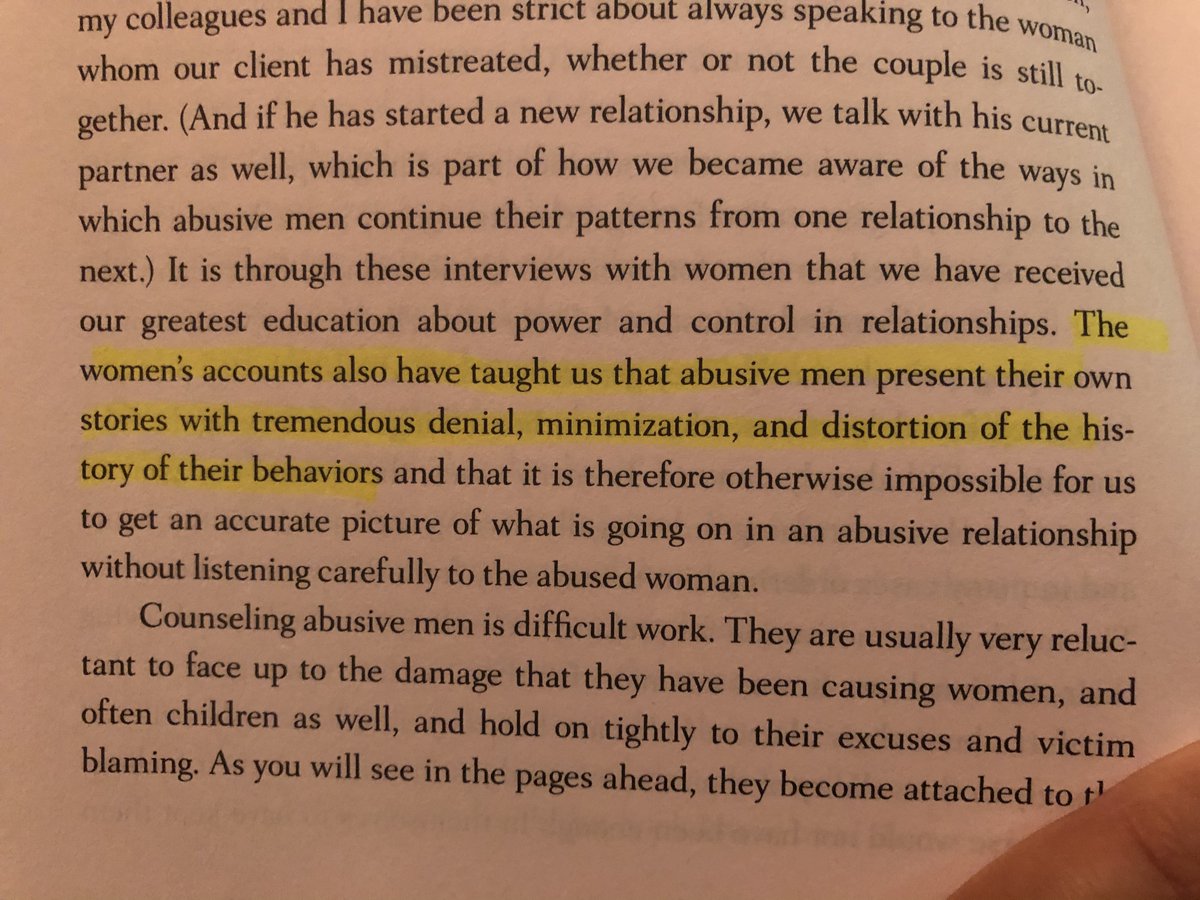 So, I read chapter 1 tonight. Bancroft briefly outlines what the book will be about and covers a few common questions partners of abusers typically ask.Here, he discusses how important it is to speak directly to *partners* of abusers TO GET THE ACCURATE STORY.