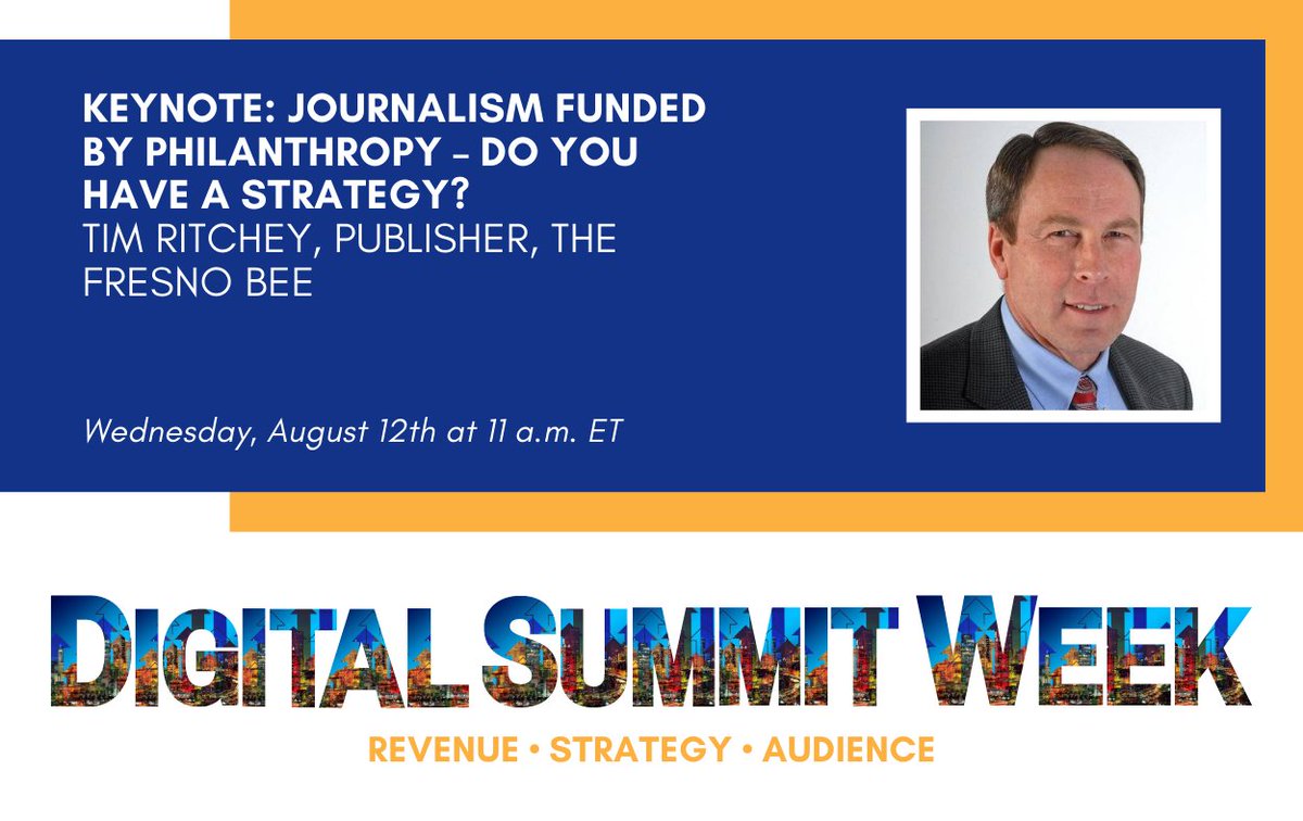 LocalMediaAssoc's tweet photo. Today's #DigitalSummitWeek keynote with @TimRitchey from @FresnoBee explores how the Education Lab has been funded. Learn their plan as a means to launch your own philanthropically supported reporting initiative. Register and join at 11 a.m. ET. https://t.co/7TFP94O6LT https://t.co/hptik82mQn
