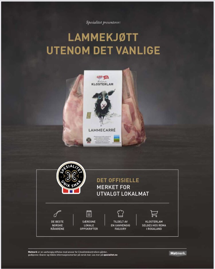 Årets ferske <a href="/Klosterlam/">Klosterlam</a> i butikk hos <a href="/REMA1000/">M2</a> i #Rogaland nå. 45 flinke produsenter som leverer lam etter #kvalitetskriterier for #Klostergarden, anerkjent som #Spesialitet av @Matmerk. Kystlam fra øyene i nærheten av Utstein Kloster. <a href="/matmanifestet/">@matmanifestet</a> #klosterlam