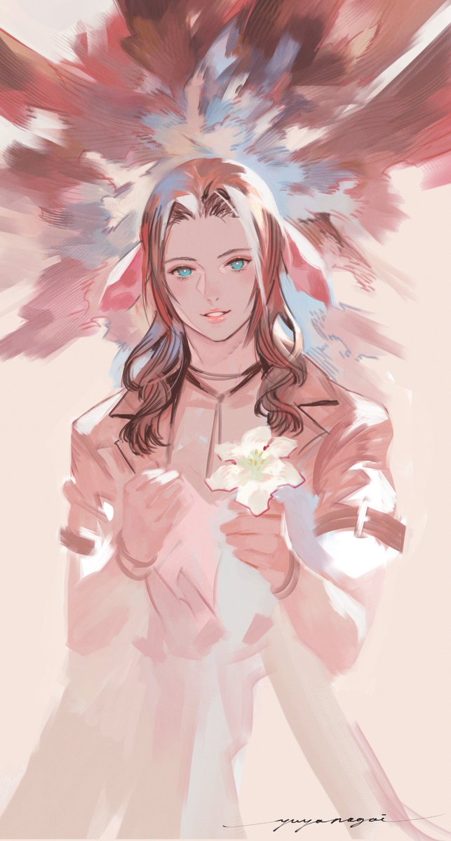 aerith gainsborough 1girl flower brown hair solo dress holding flower holding  illustration images