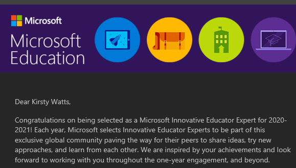 I did it!!! So excited to be selected as an MIE Expert for 2020-2021 #MicrosoftEdu #MIEExpert