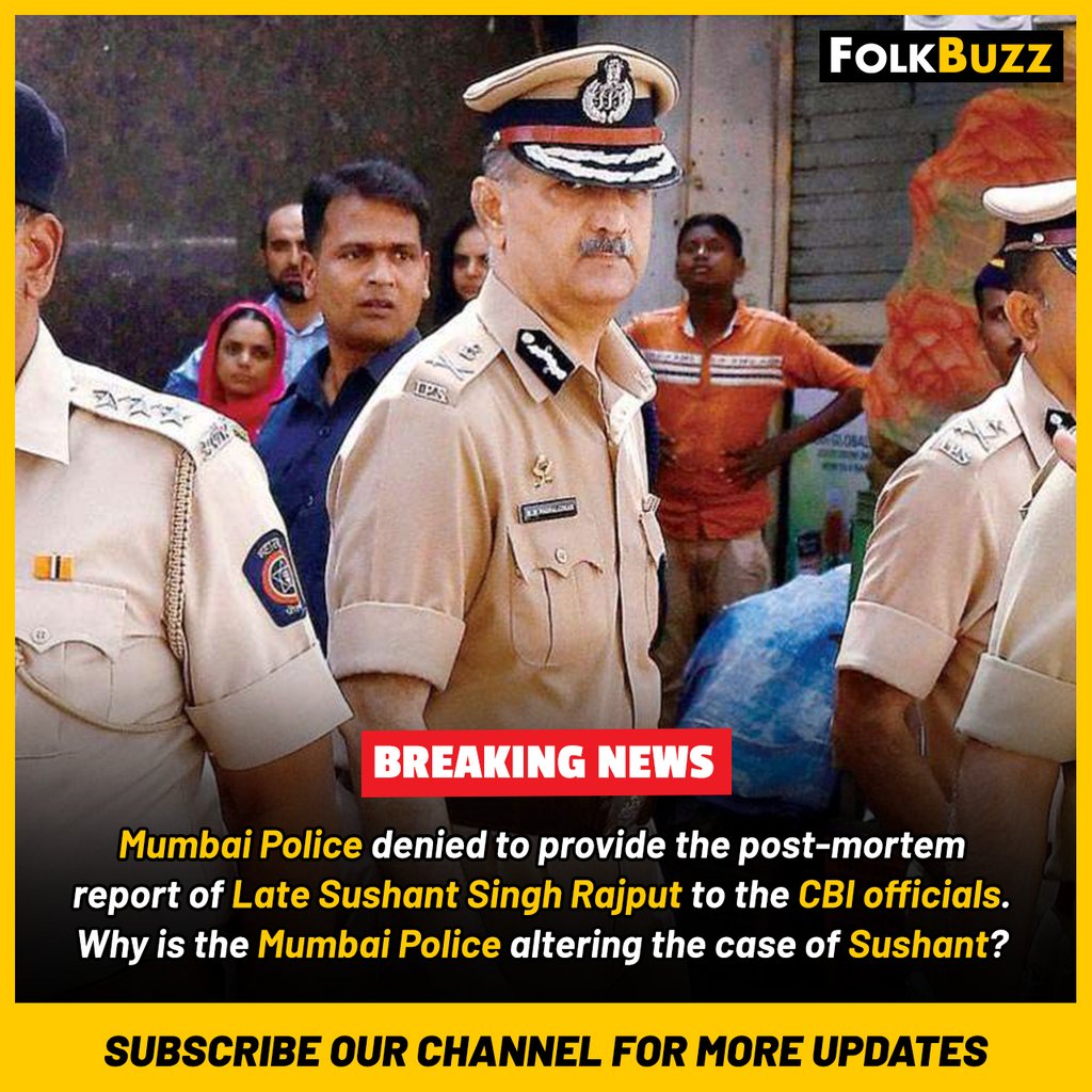 Folkbuzz8's tweet photo. According to sources, the Mumbai Police have denied to provide the postmortem report of Late Sushant Singh Rajput to the CBI Officials. Maharastra Police and Maharasta Government are trying hard deny the CBI operation in the case.

#JusticeForSSR #JusticeforSushant #FolkBuzz https://t.co/AarZHcwC3n