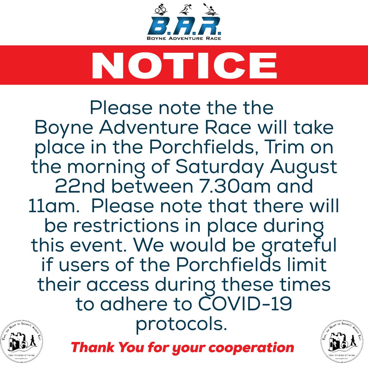 Please note that our race takes place in the Porchfields on Saturday morn Aug 22nd between 7.30am &amp; 11am.There will be restrictions in place during this event.We would be grateful if users of the Porchfields limit their access during these times to adhere to COVID-19 protocols.
