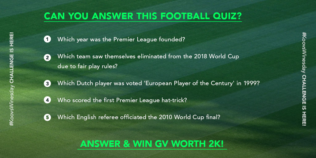 mykoovs's tweet image. #KoovsWinesday Challenge is here! ❤️ Participate by correctly answering this football quiz and get a chance to win GV worth 2K. 😍
T&amp;amp;C:
1. 2 lucky winners will get 2K GV each.
2. Contest duration is from 12th to 13th August 2020.
.
#koovs #contestalert #contestchallenge