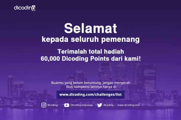 dicoding's tweet image. Penasaran ingin juga hasilkan solusi digital berhadiah ribuan Points dr Dicoding/partner?
Ikuti #dicodingchallenge lain di dicoding.com/challenges/list ya
Points bisa kamu tukar jadi gadget, laptop, hingga T shirt & paket langganan belajar sesukamu!
Kami tunggu & tetap semangat!