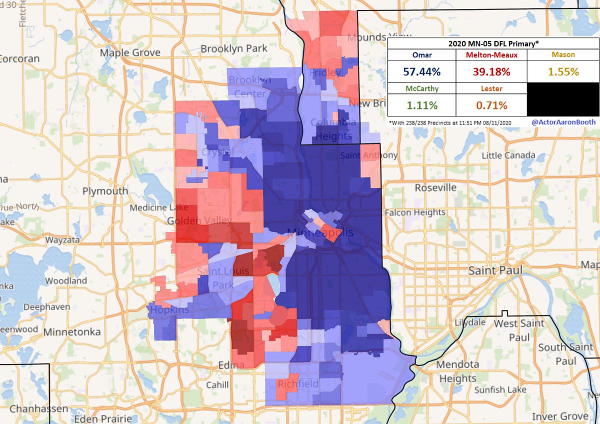 Final  #MN05 map for the night now that all 238 precincts are reporting. Will post an updated final map after the county canvasses later this week when we have the late absentee vote.  #MNPol  https://twitter.com/ActorAaronBooth/status/1293403316500799488