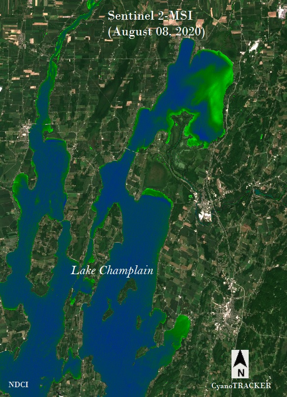 The recent #Sentinel2 scene captured on-going bloom in northern part of Lake Champlain.