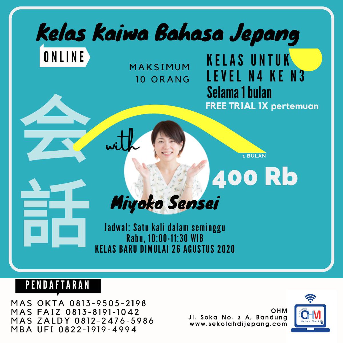 KELAS KAIWA ONLINE WITH MIYOKO SENSEI⁣⁣!
(Siapapun bisa mencoba mengikuti kelas SATU KALI secara gratis; FREE TRIAL di awal pertemuan untuk mengetahui apakah bisa mengikuti pembelajaran di kelas)
⁣goo.gl/forms/wYo405TT…
#onlinebahasajepang #onlinenativejepang #lesonlinejepang