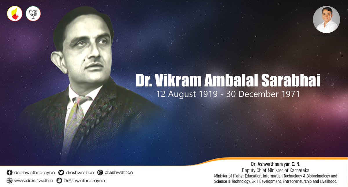 drashwathcn's tweet photo. Remembering Dr.Vikram Sarabhai, Father of the Indian Space Programme, on his birth anniversary.

His vision &amp; path-breaking achievements have taken the nation to new heights of scientific innovation. His years at @iiscbangalore &amp; contributions at @isro will be remembered forever. https://t.co/jXAx2i5kIY