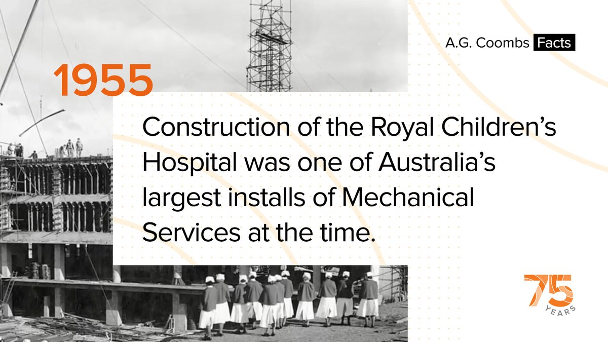 AGCoombsGroup's tweet photo. A.G. Coombs Facts - #Celebrating75Years
In 1955, A.G. Coombs commenced work on the construction of The Royal Children's Hospital in Melbourne which was one of Australia's largest installations of #MechanicalServices at the time! #bringingbuildingstolife https://t.co/RqEfpQjpn2