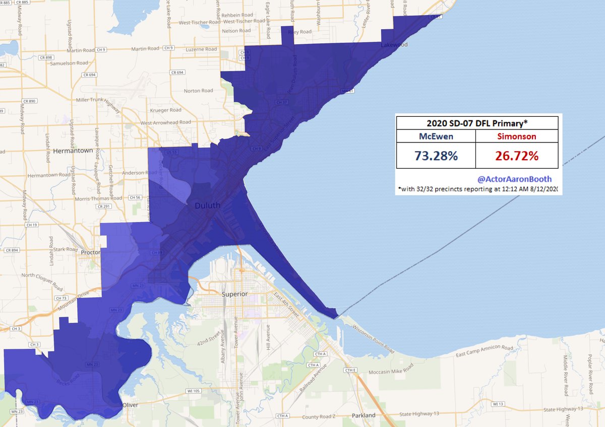 Here is the map of the  #SD07 primary where incumbent DFL State Senator Erik Simonson fell to the DFL endorsed Jen McEwen by a pretty large margin.  #MNLeg  #MNPol