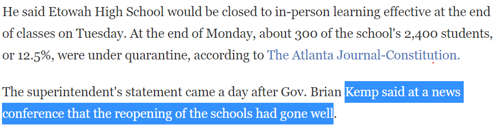 So a 50-state patchwork doesn't work. Duh.But will these governors learn from their overly-aggressive reopening decisions? Judging by their approach to the next big test - schools - I'm not optimistic.  https://www.politico.com/states/florida/story/2020/08/10/in-florida-a-coronavirus-showdown-as-desantis-rejects-tampa-area-schools-plan-1306786 https://www.texastribune.org/2020/08/07/texas-schools-reopening-coronavirus/ https://www.npr.org/sections/coronavirus-live-updates/2020/08/11/901362653/georgia-schools-quarantine-hundreds-of-students-after-possible-coronavirus-expos