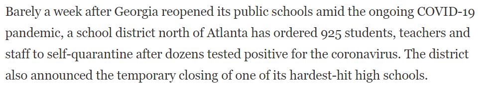 So a 50-state patchwork doesn't work. Duh.But will these governors learn from their overly-aggressive reopening decisions? Judging by their approach to the next big test - schools - I'm not optimistic.  https://www.politico.com/states/florida/story/2020/08/10/in-florida-a-coronavirus-showdown-as-desantis-rejects-tampa-area-schools-plan-1306786 https://www.texastribune.org/2020/08/07/texas-schools-reopening-coronavirus/ https://www.npr.org/sections/coronavirus-live-updates/2020/08/11/901362653/georgia-schools-quarantine-hundreds-of-students-after-possible-coronavirus-expos