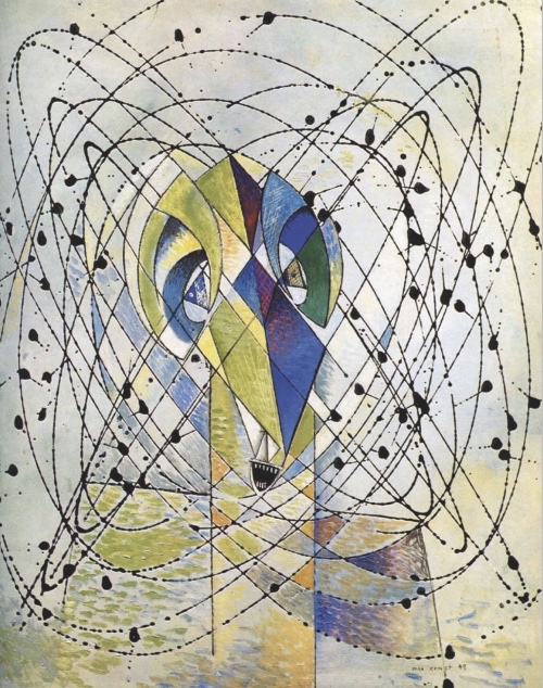 Artmathot's tweet photo. « Jeune homme intrigué par le vol d'une mouche non-euclidienne » de Max #Ernst. Pour obtenir la trajectoire de la mouche, Ernst a fait osciller un pinceau au bout d’un fil fixé à un point au dessus du tableau. Elle se déplace alors dans un monde non #euclidien ... Pourquoi ? https://t.co/CL098JHlnz