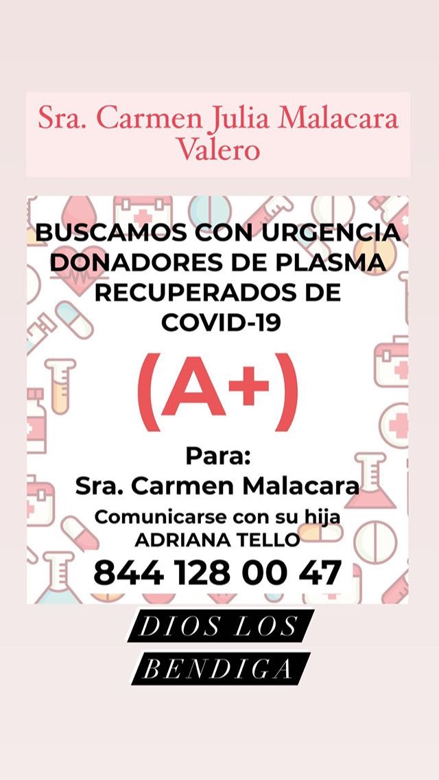 @qarlah_rmz <a href="/nSaltillo/">Noticias Saltillo</a> *SANGRE* Urgen donadores de plasma con sangre "A+" para la señora Carmen Julia Malacara. Más información al 844 128 00 47 #Saltillo 00:31 <a href="/donaenvida/">Únete Dona en Vida</a> @PlasmaCovid19
<a href="/donadoreslaguna/">Donadores Laguna AC</a> <a href="/MAGS_SP/">MAGS_SP</a>
<a href="/dona_sangre/">Dona sangre</a> <a href="/somosblooders/">Blooders</a>
@DonandosangreMX