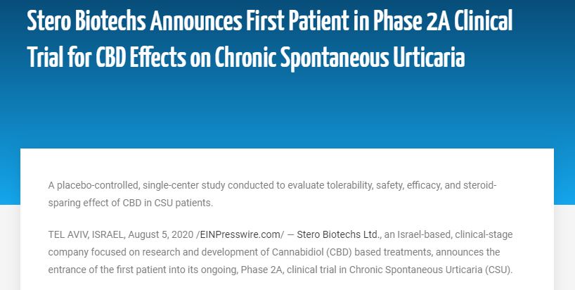#SteroBiotechs Announces First Patient in Phase 2A Clinical Trial for #CBD Effects on Chronic Spontaneous Urticaria | iCAN | Israel Cannabis.

hubs.ly/H0txq6t0
#cannabis #clinicaltrials #CBD
