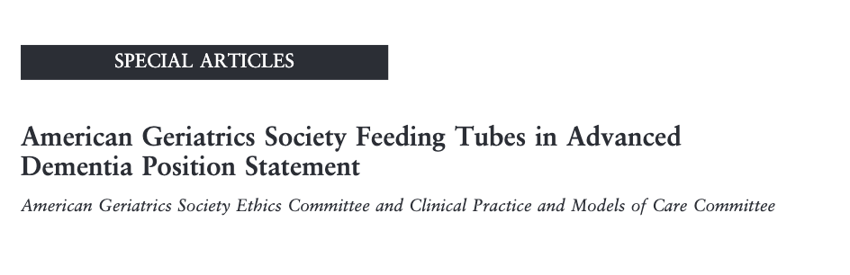 Guideline recommendation: Feeding tubes are not recommended for older adults with advanced dementia. Careful hand feeding should be offered as it is at least as good as tube feeding for the outcomes of death, aspiration pneumonia, functional status, and comfort. (1/n)