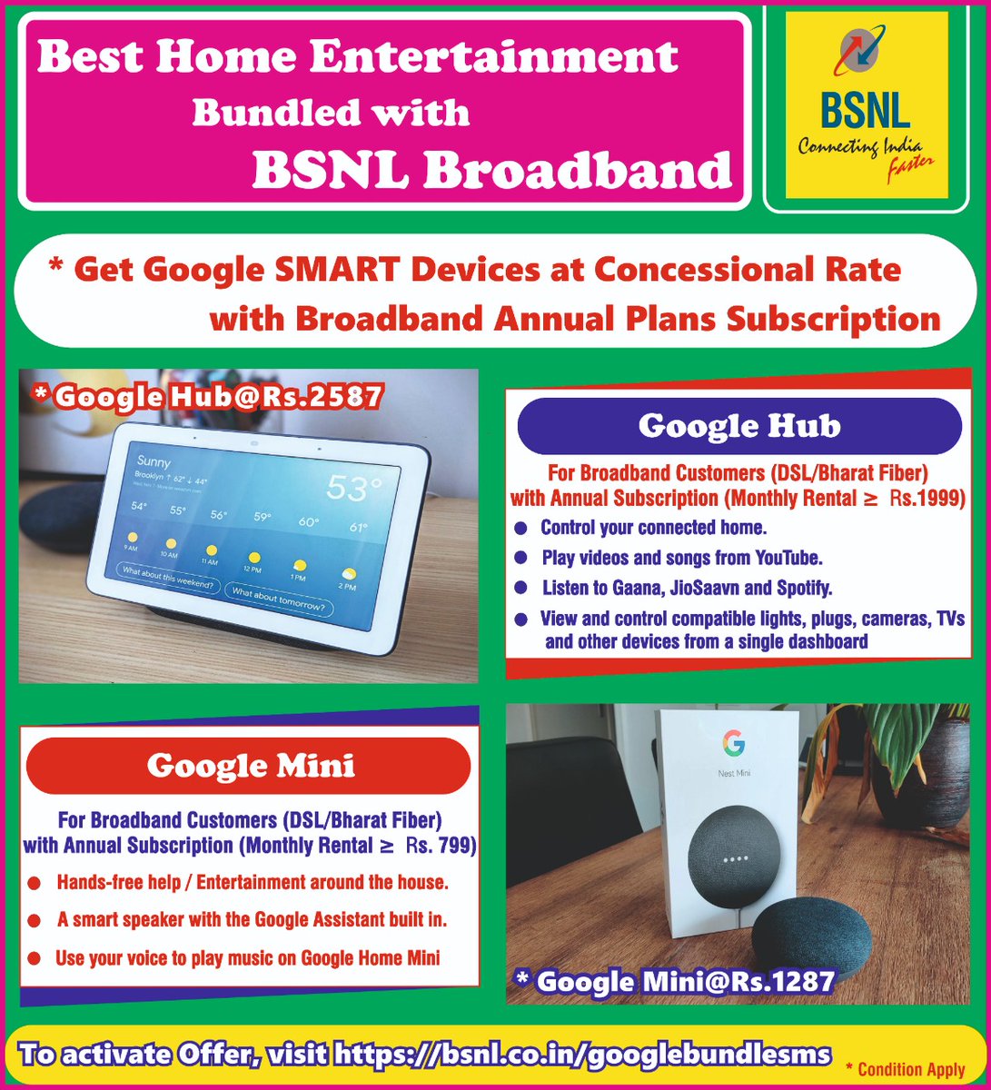 BSNL_Gujarat (@bsnl_gj) on Twitter photo अब पाइये #Google Smart Home Devices रियायती दर पर #BSNL ब्रॉडबैंड के साथ।
<a href="/BSNLCorporate/">BSNL India</a> <a href="/CMDBSNL/">A. Robert Jerard Ravi</a>
<a href="/CGM_GUJ_BSNL/">Chief General Manager</a> <a href="/impksaha/">pradip kumar Saha</a> #SmartDevices अब पाइये #Google Smart Home Devices रियायती दर पर #BSNL ब्रॉडबैंड के साथ।
<a href="/BSNLCorporate/">BSNL India</a> <a href="/CMDBSNL/">A. Robert Jerard Ravi</a>
<a href="/CGM_GUJ_BSNL/">Chief General Manager</a> <a href="/impksaha/">pradip kumar Saha</a> #SmartDevices