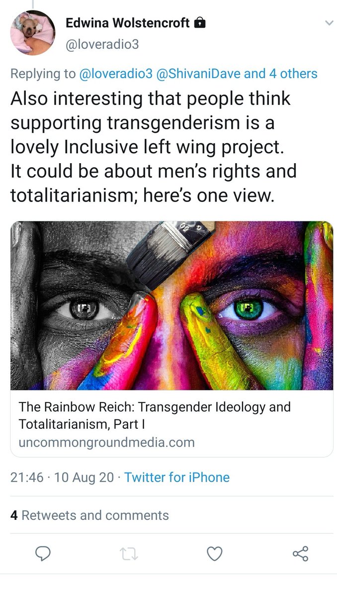 Retweeting an article labelled the "Rainbow Reich" is not a good look, the article itself amounts to Holocaust denial, as if Gay men weren't brutally murdered by Hitler's regime.Using far-right propaganda to attack trans doesn't further women's rights one bit. #Transphobia