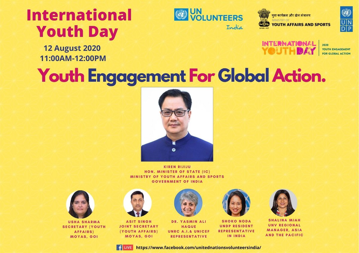 International Youth Day | " Youth Engagement for Global Action " 
Watch LIVE : facebook.com/unitednationsv…

#InternationalYouthDay 
#InternationalYouthDay2020 
<a href="/KirenRijiju/">Kiren Rijiju</a> <a href="/YASMinistry/">YAS Ministry</a> <a href="/PMOIndia/">PMO India</a> <a href="/UNV_India/">UNV India</a> <a href="/UNDP_India/">UNDP India</a>