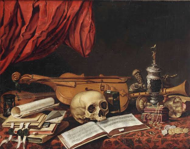 Dutch School, 17th CenturyA vanitas still life with a skull, a violin, a music book, various other books and instruments on a draped table, before a red curtain.  @TXT_members  @TXT_bighit  @TXT_bighit_jp  #TXT  #TOMORROW_X_TOGETHER