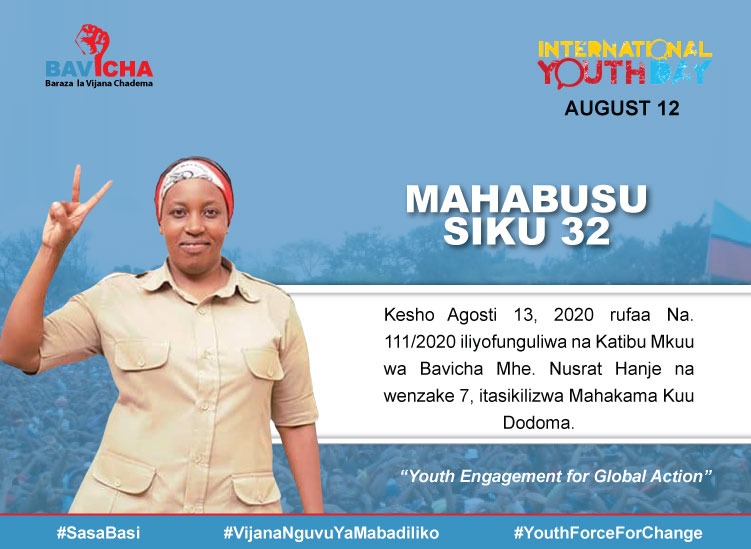 bavicha_taifa's tweet photo. SIKU YA VIJANA DUNIANI
"Youth Engagement for Global Action"
#MAHABUSU SIKU 32.
Kesho Agosti 13, 2020 rufaa Na. 111/2020 iliyofunguliwa na Katibu Mkuu wa Bavicha Mhe. @hanje_nusrat na wezake 7 katika Mahakama Kuu Dodoma, itasikilizwa.
#FreeNusrat
#FreeMwaipaya https://t.co/JEeB639qPV