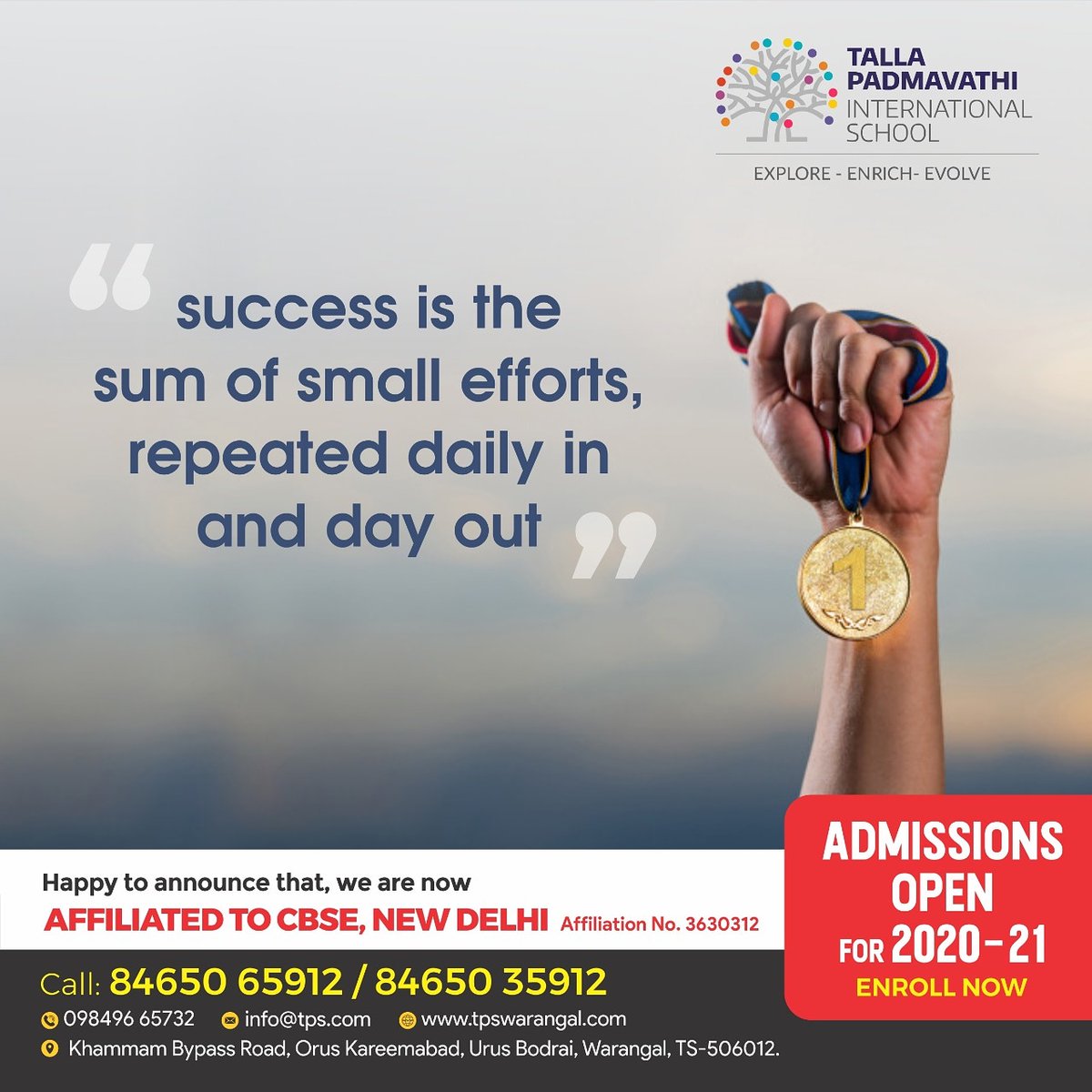 SchoolTalla's tweet photo. "Success is the sum of small efforts, repeated day in and day out.”
#Tallapadmavathiinternationalschool 
#quoteoftheday
.
.
.

 #internationalschools #internationalschoolinwarangal https://t.co/iQ4fC7S3sw