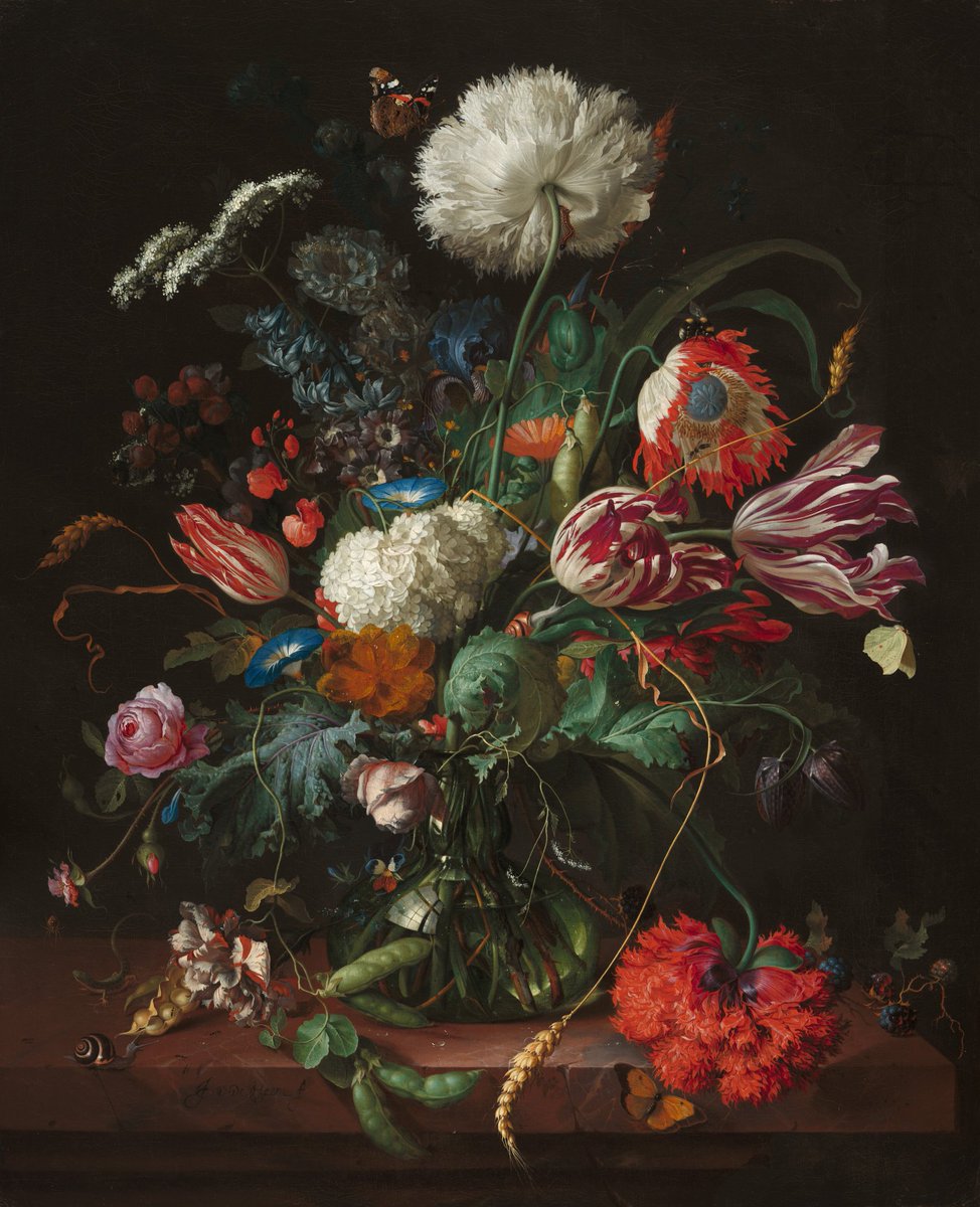 Vase of Flowers, c. 1660By JAN DAVIDSZ DE HEEM"Memento mori (rememeber that you will die) images are counterbalanced by the wheat stalks symbolizing the Eucharist, and by the caterpillar and butterfly on the white poppy, which evoke redemption and resurrection." @TXT_members