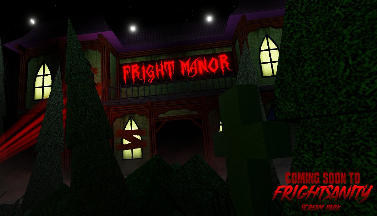 Frightsanity's tweet photo. 𝐉𝐔𝐒𝐓 𝐀𝐍𝐍𝐎𝐔𝐍𝐂𝐄𝐃:
A manor full of mystery; a place full of frights. 
All kinds of creatures reside inside the walls, and not all of them are friendly.
Fright manor, an original &amp; intense dark ride coming to #Frightsanity this fall.
#Roblox #RobloxDev https://t.co/hDGMwQIjiM