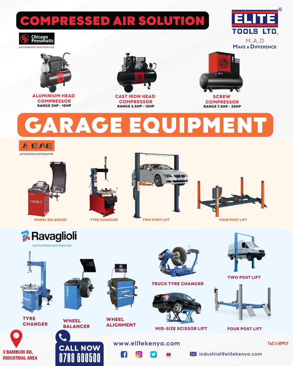 elite_toolsltd's tweet image. Are you looking for Compressed Air Solution and Garage Equipment?

Visit our showroom at 3 Bamburi Road, Industrial area or Call us on 0788 600500

#EliteMAD #EAE #Ravaglioli #ChicagoPneumatic #aircompressors #compressors #garageequipment #industrialequipment