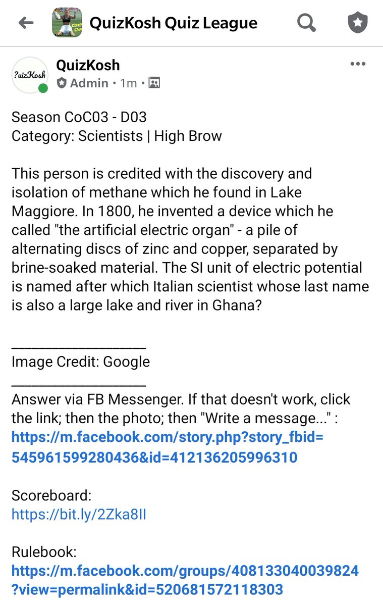 QuizKosh's tweet photo. Season CoC03 - D03
#Scientists | High Brow

DM your answer plz.

#discovery #Zinc #copper #SIunit #electricpotential #Italian #scientist #lake #river #Ghana
#quiz #quizzes #trivia #facebook #instagram #twitter #pictureoftheday #QuestionOfTheDay #knowledgeispowerful #Wednesday https://t.co/haMsyHomQu
