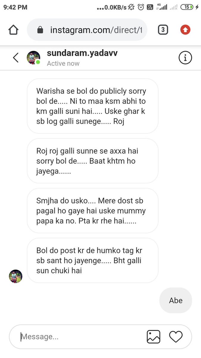 He tried to threatened me, saying that he'll circulate my fake nudes that he edited and will destroy my life & carrer. He didn't stop at this, he influenced 40+ of his friend to harass me, he gave my no. to them so that they too can abuse me, he messaged my sister and my friends.