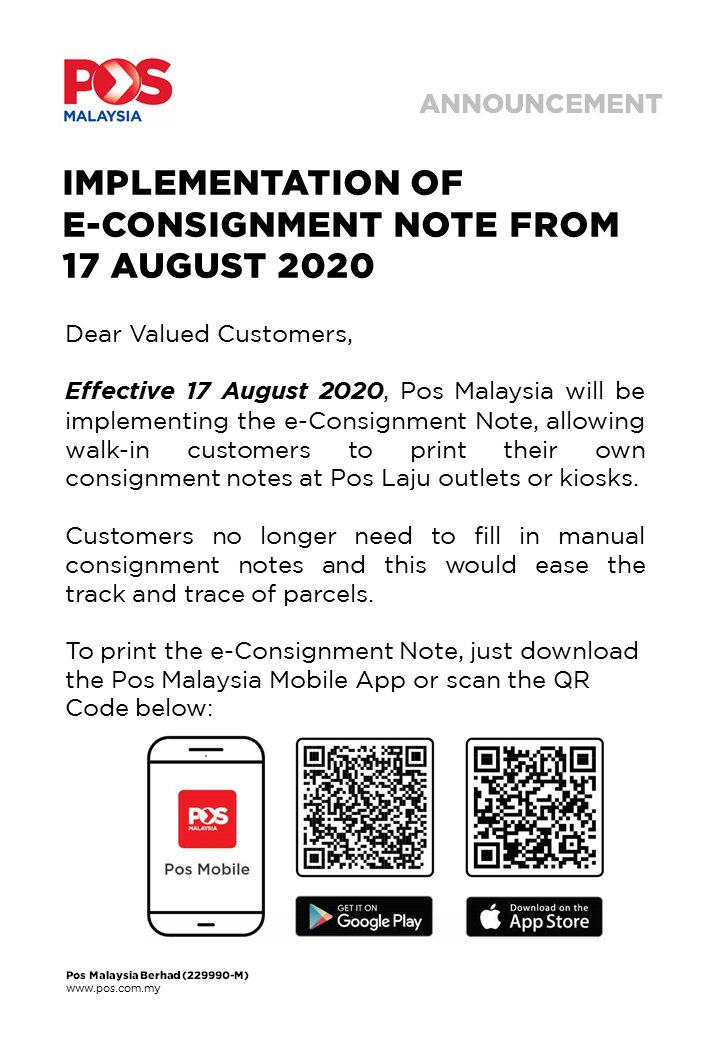 Pos Malaysia Berhad On Twitter Pengumuman Penggunaan E Nota Konsainan Mulai 17 Ogos 2020 Announcement Implementation Of E Consignment Note From 17 August 2020 Posmalaysia Pos4you Https T Co Ssyhmbaqhc