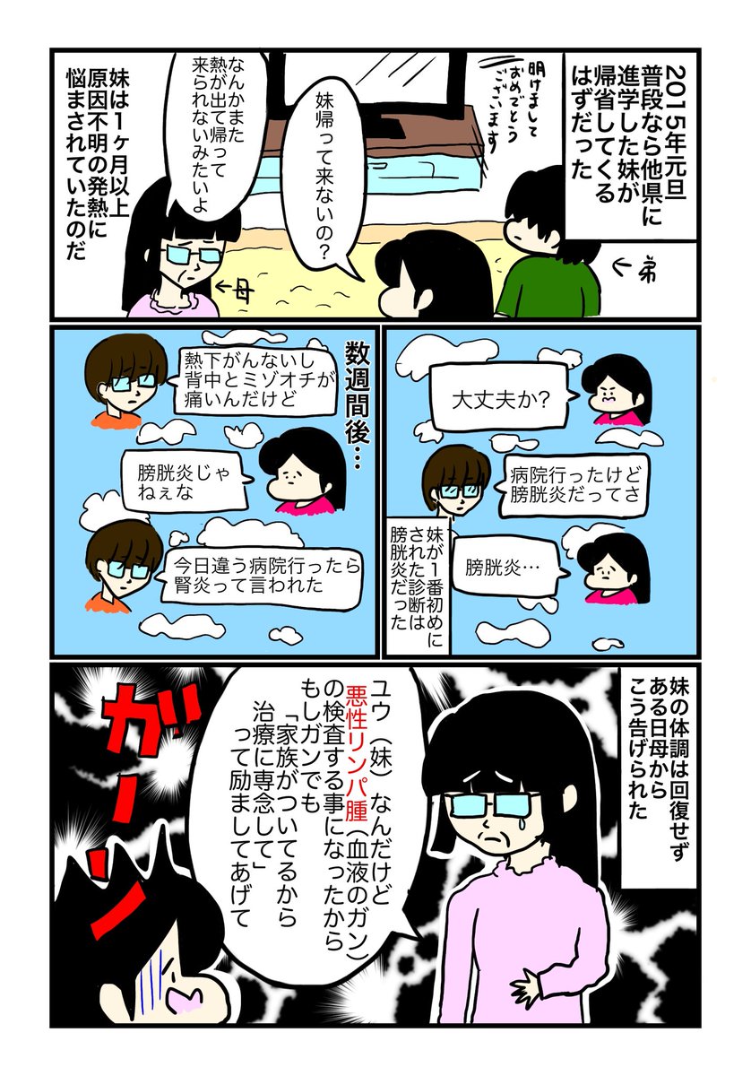 妹の白血病が治癒したので、妹がガンになったときの漫画をかきました。
おめでとう妹!!!!
妹の病気が治った!! by 天野アマゾネス #ShortNote https://t.co/xBn7P9Ir3R