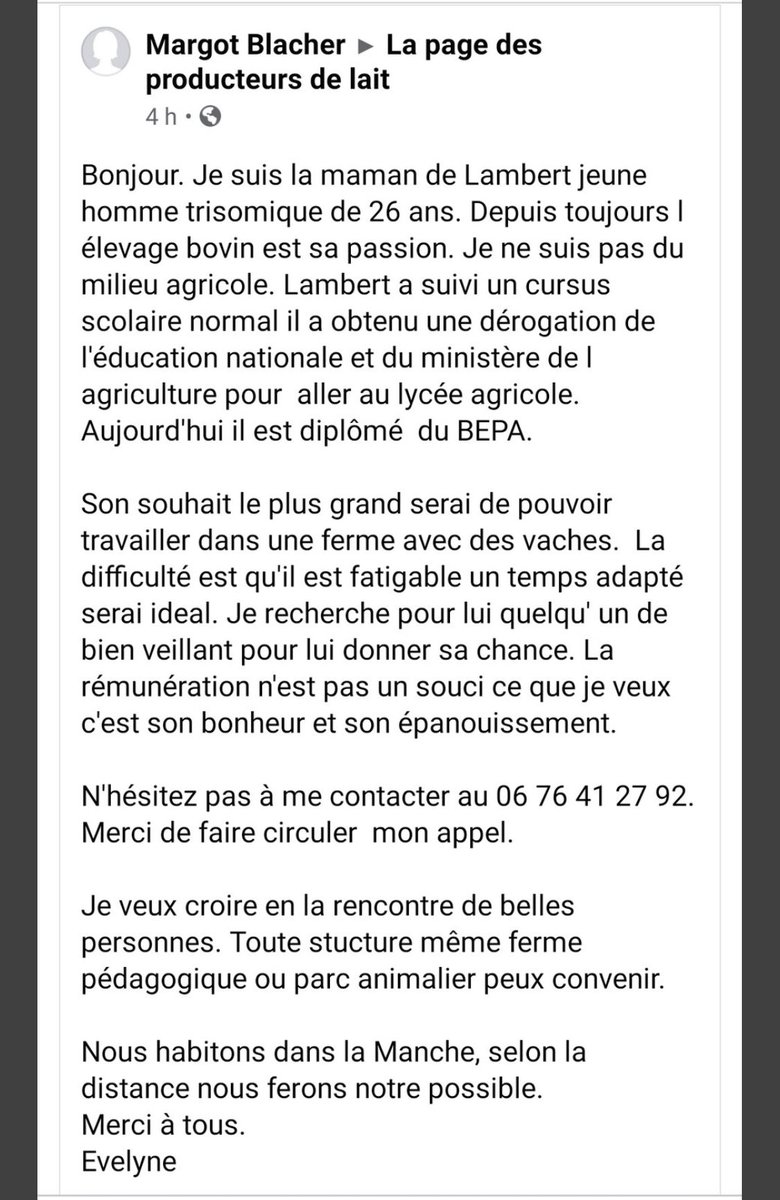 C_qui_le_Patron's tweet photo. Un petit relais svp pour Lambert 🙏 Il rêve de travailler avec des vaches et on va tout faire pour l’aider ☀️🙌 Il est dans la Manche mais il est prêt à se déplacer. Il est motivé comme personne et la rémunération a peu d’importance. Merci infiniment pour vos relais ✌️✊🏻🙏 🐮 😊 https://t.co/YVi3TigfS2