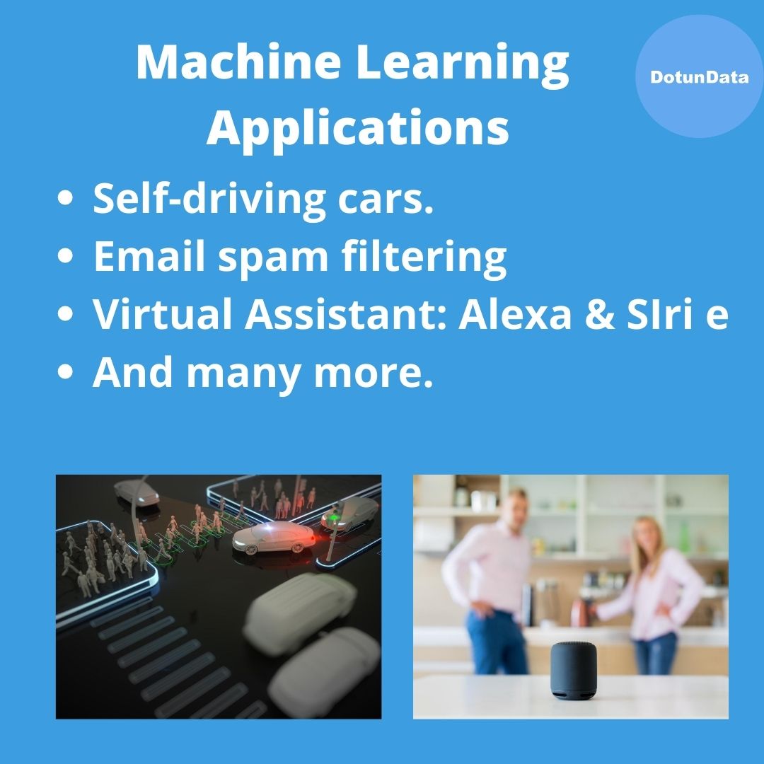 Machine Learning Applications Include:- Self-driving cars.- Email spam filtering- Virtual Assistant: Alexa & Siri - And many more. (3/5)Kindly like, and retweet cc  @dotundata  #DataScience  #Learning  #Insights  #MachineLearning
