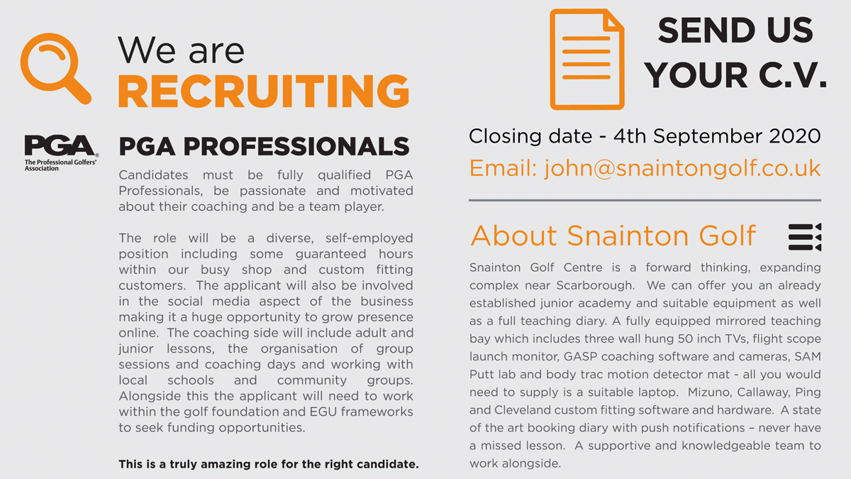⛳️ WE ARE HIRING ⛳️

@SnaintonGolf are looking for a new PGA Teaching Professional

Role will involve:

Adult & junior lessons
Group sessions
Coaching days
Local school & community groups
Custom fitting
Social media

Send CV to john@snaintongolf.co.uk

@PGAYorkshire @SnaintonGC