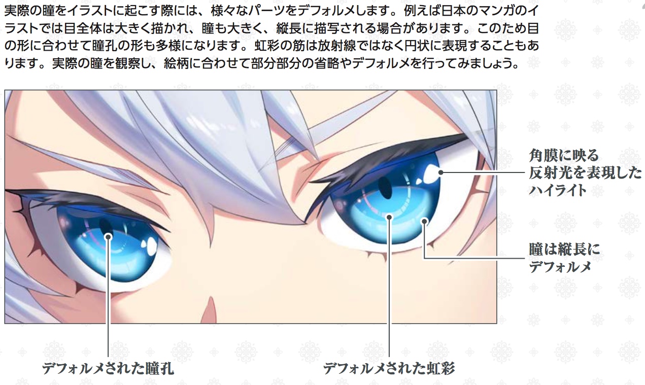 玄光社 超描けるシリーズ 超描ネタ帳 瞳をイラスト化する際にする様々パーツのデフォルメ が その描き手の個性になっていきます まずはしっかり観察し それから自分の絵柄に合わせ省略やデフォルメを行ってみましょう きらめく瞳の描き方 より