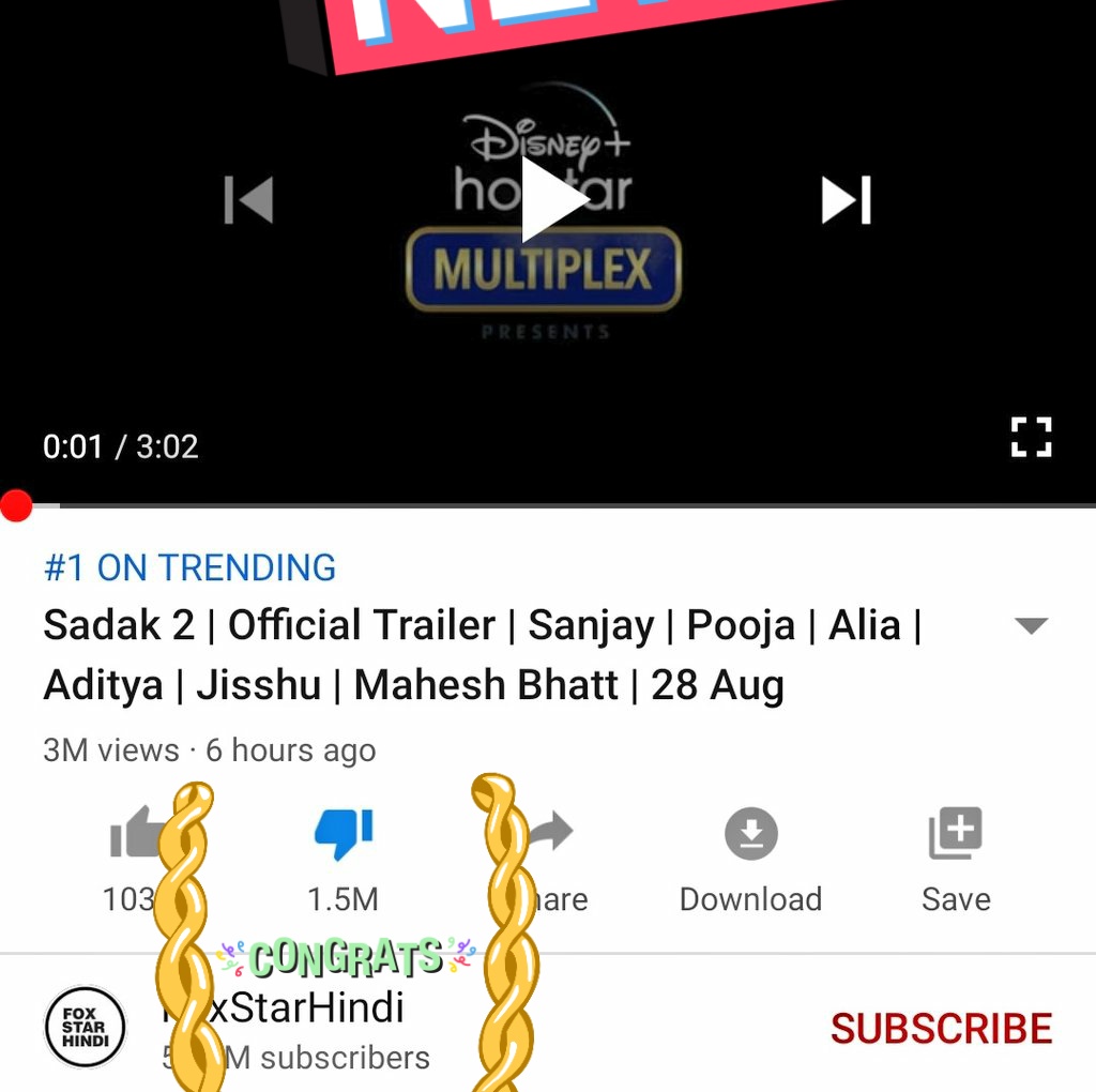 aveshkumar's tweet photo. THEY WILL TREND IT BY PAID ADVRT ...BUT Till End of the Day this will be Top in Disliked List🚫🚫👎
#BoycottSadak2 #Sadak2को_सड़क_पर_लाना_है #Sadak2Trailer #UninstallHotstar #WeSupportHotstar #AliaBhatt #SanjayDutt #JusticeforSSR #BoycottBollywood #MaheshBhatt https://t.co/5aULqVDnqh