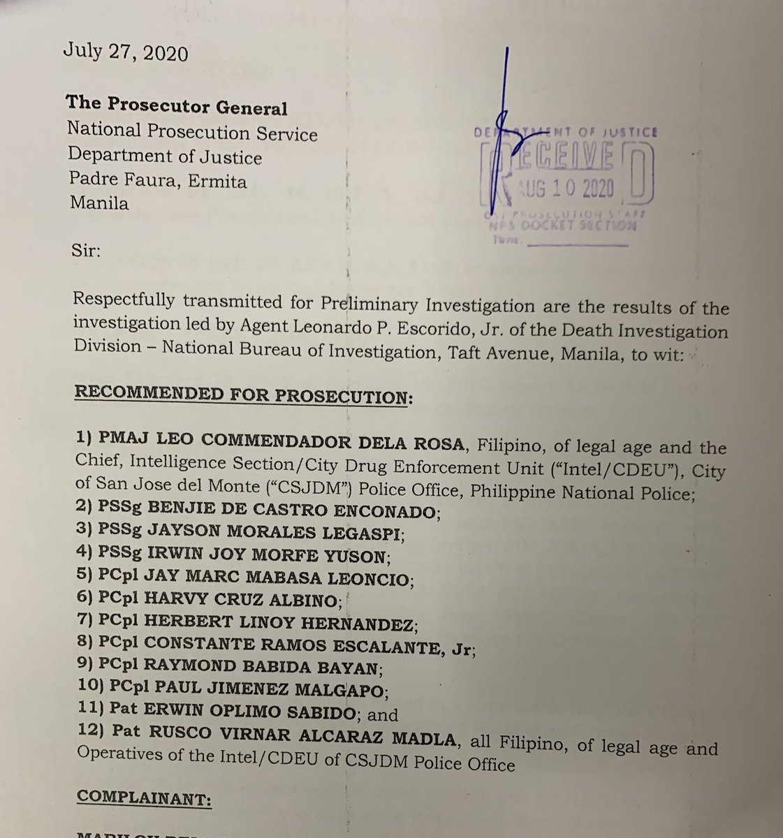 The NBI Death Investigation Division files cases of kidnapping, serious illegal detention with murder, and planting of evidence against the San Jose Del Monte Police Drug Enforcement Unit.